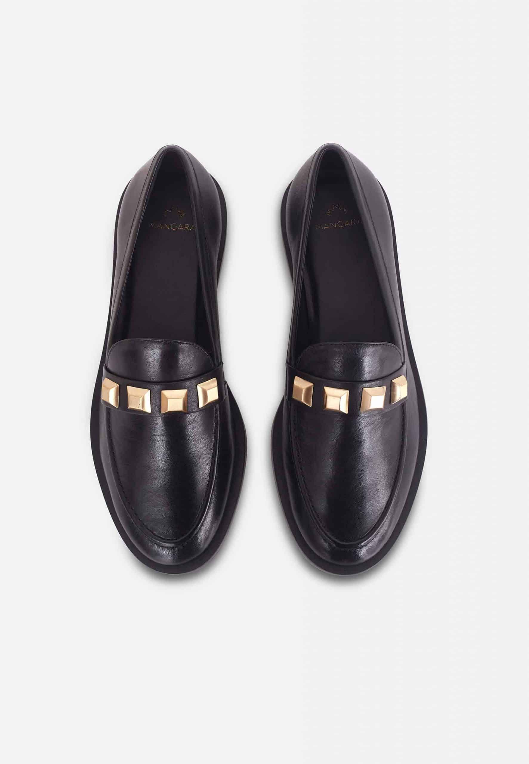 A pair of Mangará Women's Loafers Caete Leather showcasing premium goat leather, round toe design, and stylish metal studs.