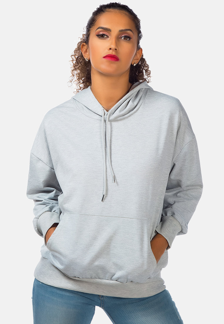 Melange Pullover Drawstring Hoodie featuring a front kangaroo pocket and ribbed hem, perfect for casual wear.