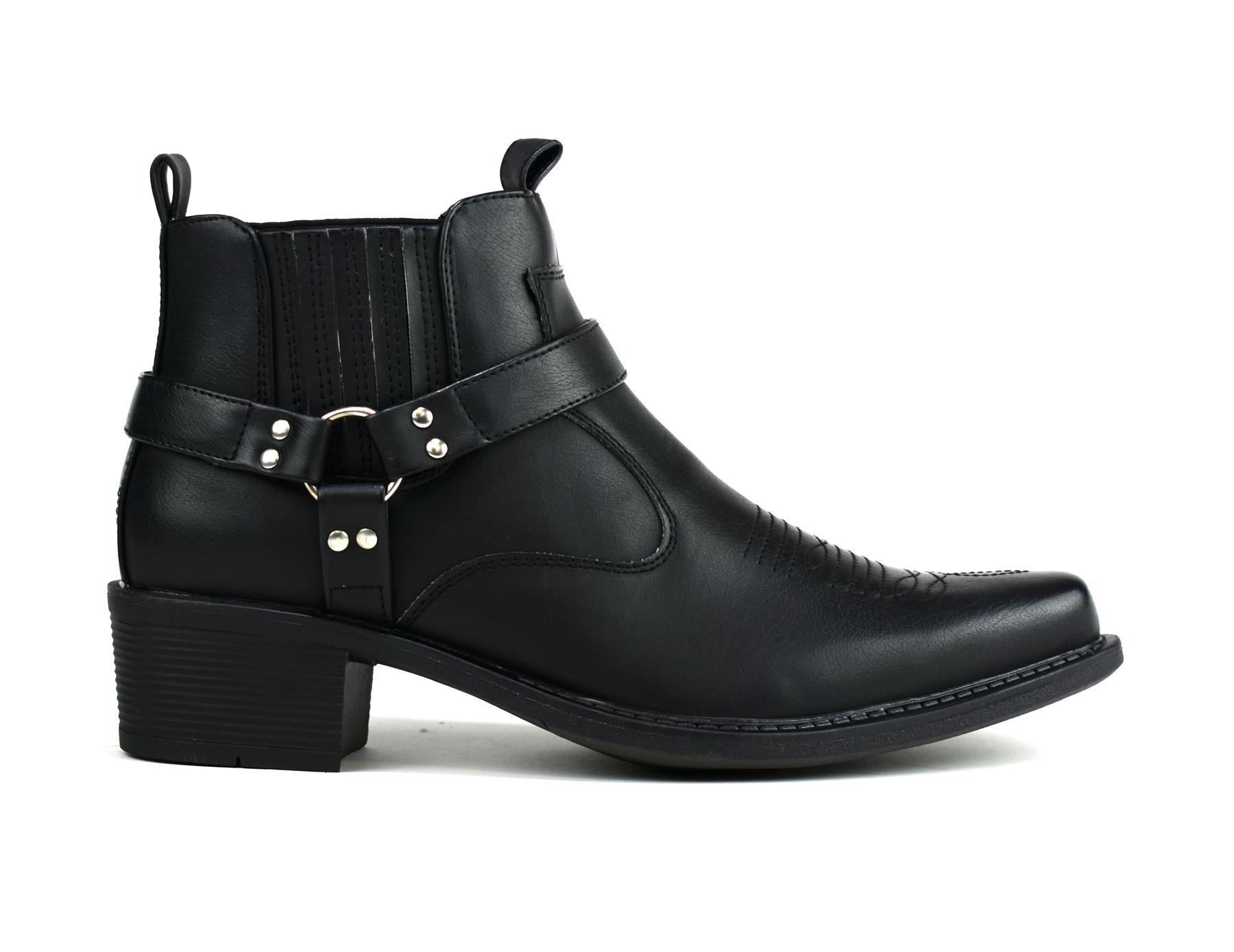 Men's mid top cowboy boots in black leather with stylish stitching and durable sole.