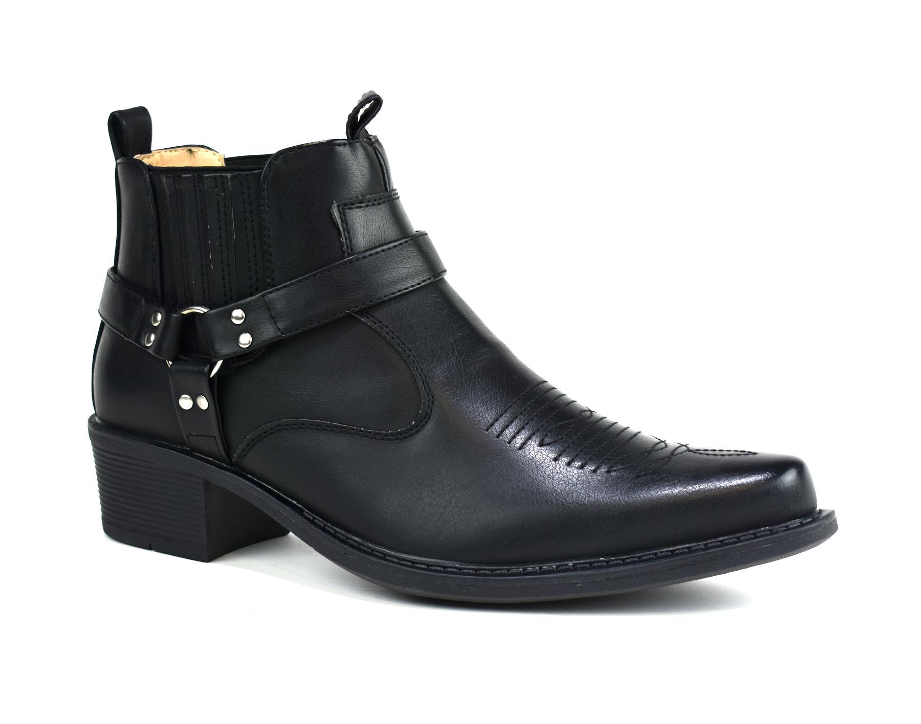 Men's mid top cowboy boots in black leather with stylish stitching and durable sole.