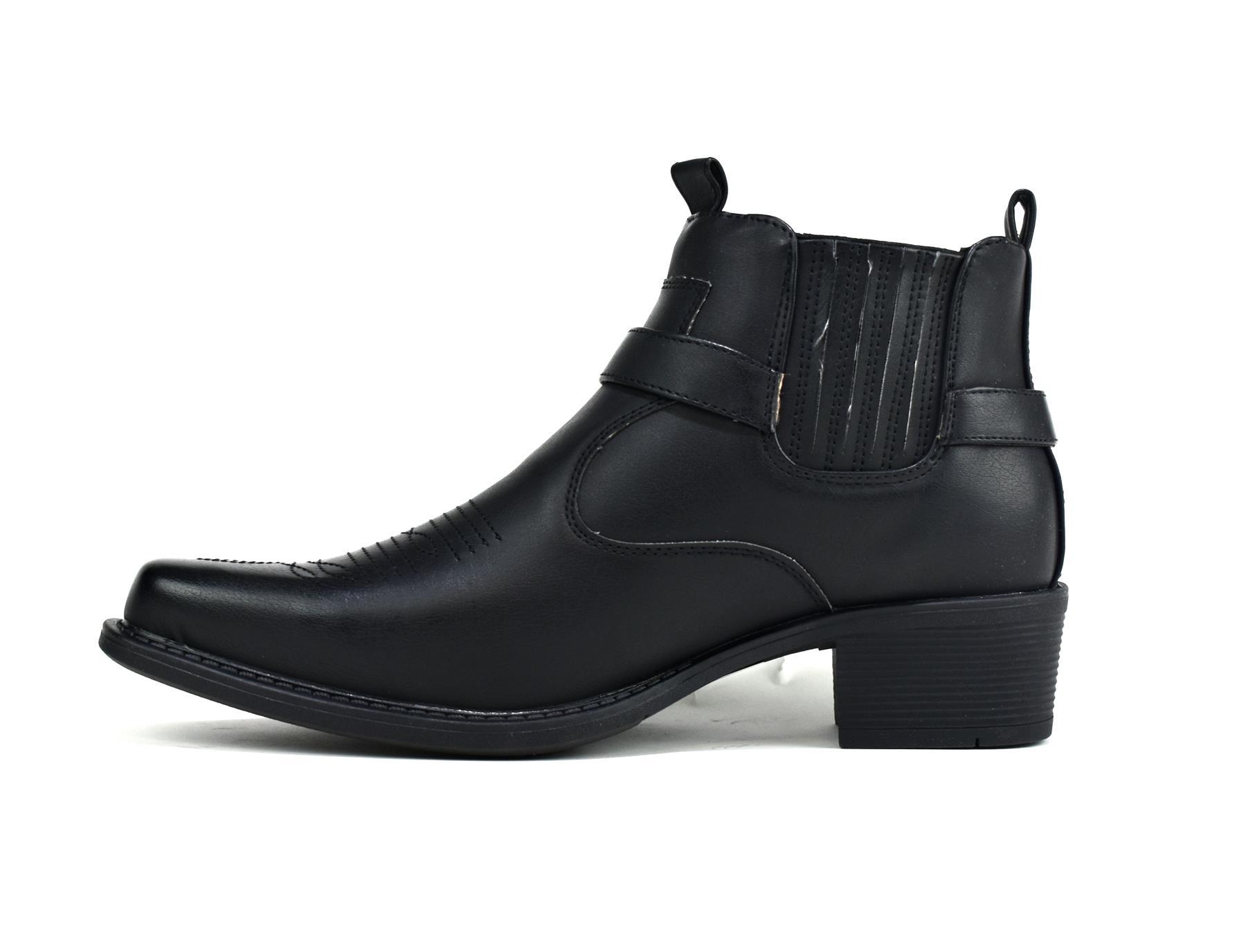 Men's mid top cowboy boots in black leather with stylish stitching and durable sole.