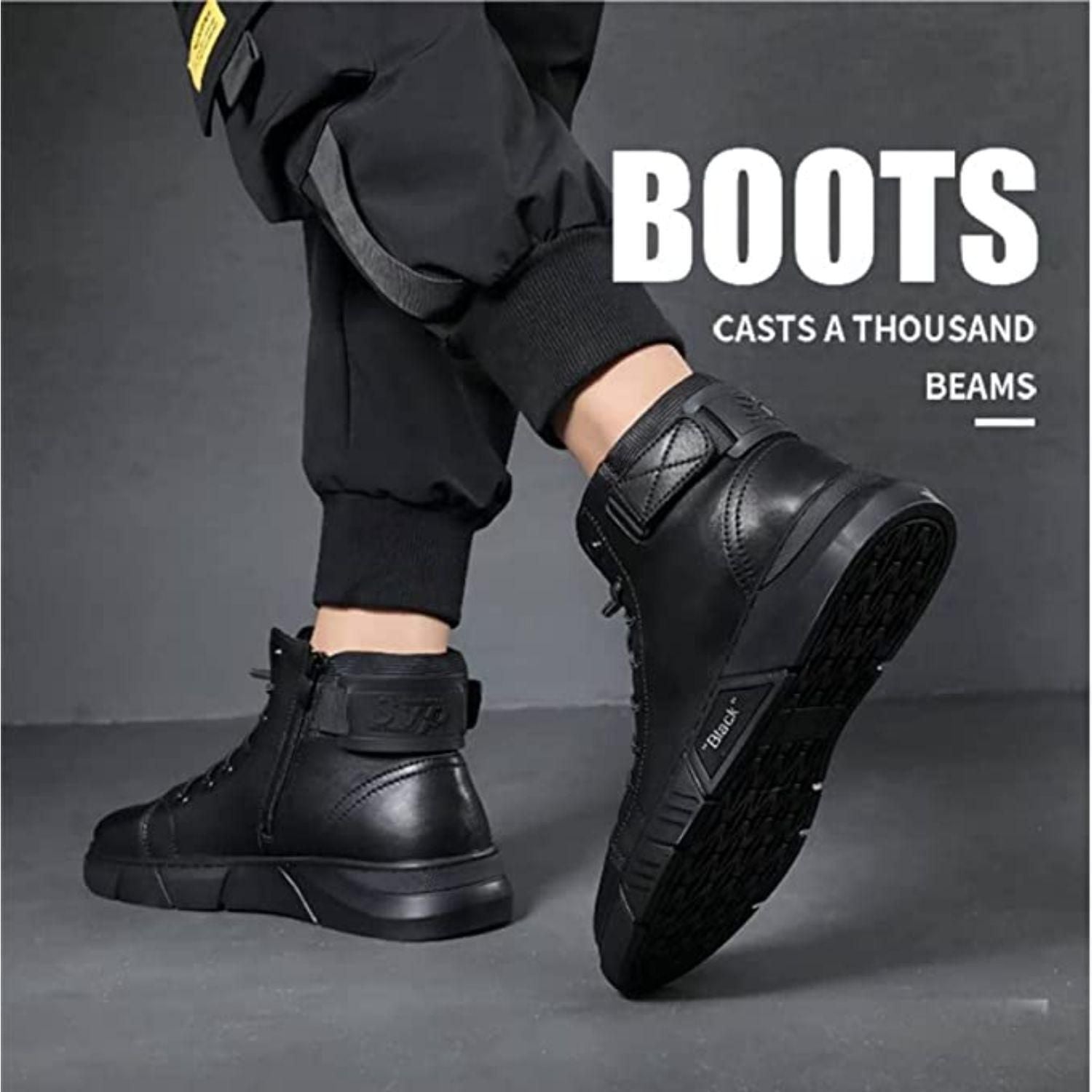 A pair of stylish black synthetic boots for men with lace-up closure, designed for casual occasions.