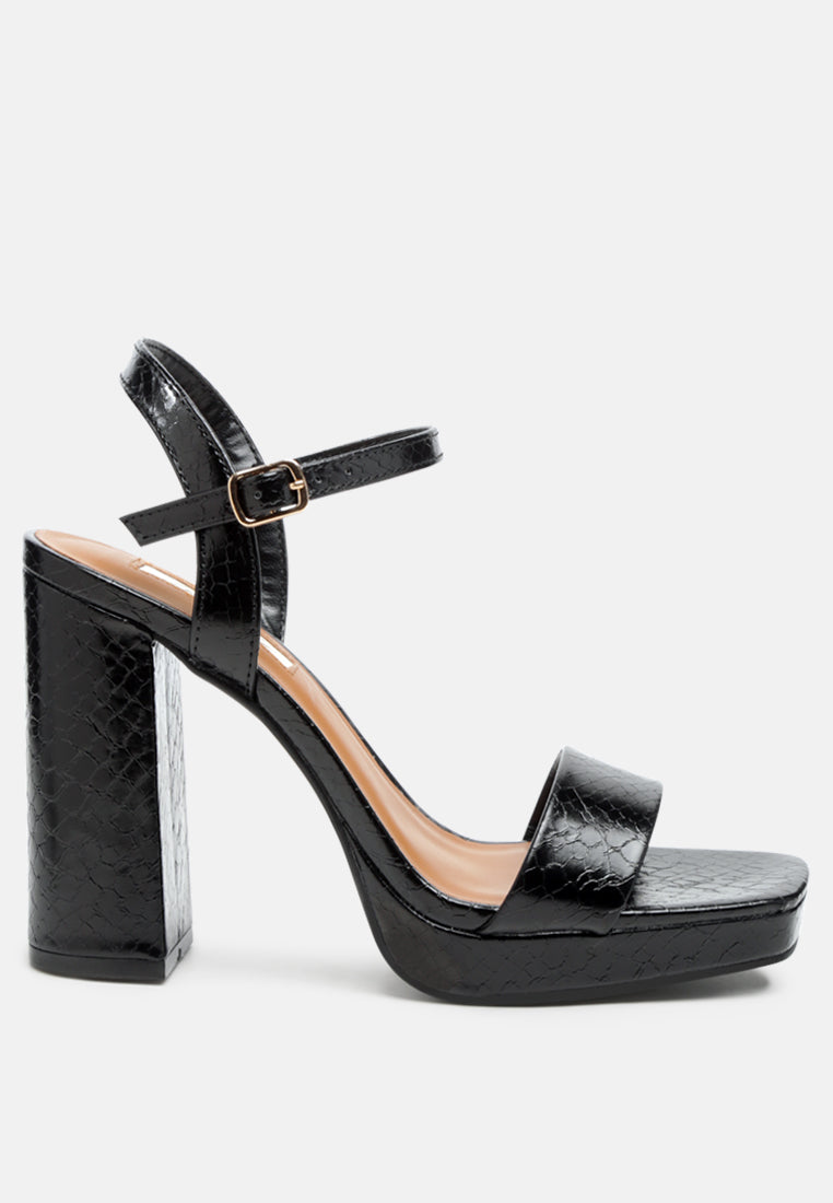 Merengue Textured High Block Heel Sandals featuring embossed faux leather, slingback design, and open square toe.