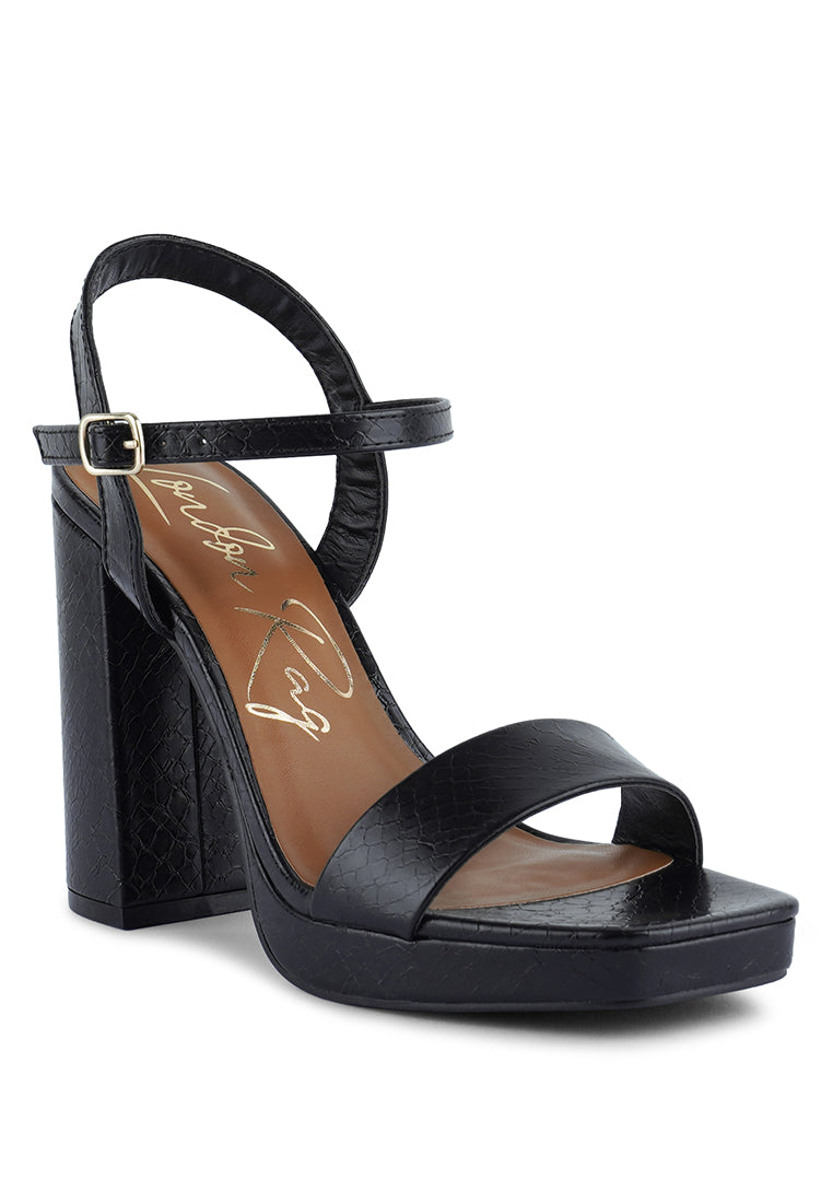 Merengue Textured High Block Heel Sandals featuring embossed faux leather, slingback design, and open square toe.