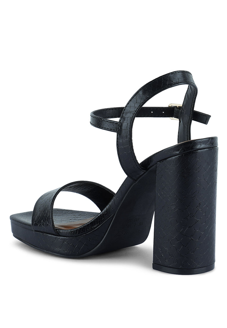 Merengue Textured High Block Heel Sandals featuring embossed faux leather, slingback design, and open square toe.