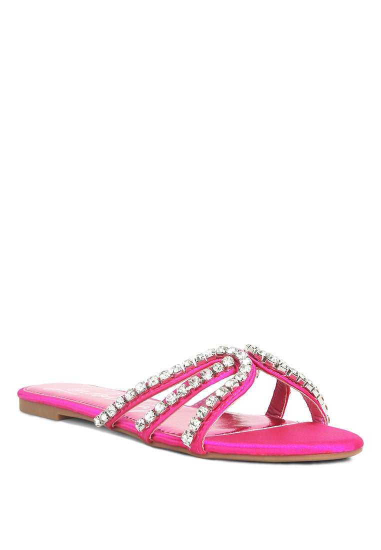 Mezzie Diamante Embellished Flat Sandals featuring satin upper, diamante embellishments, and a comfortable padded insole.