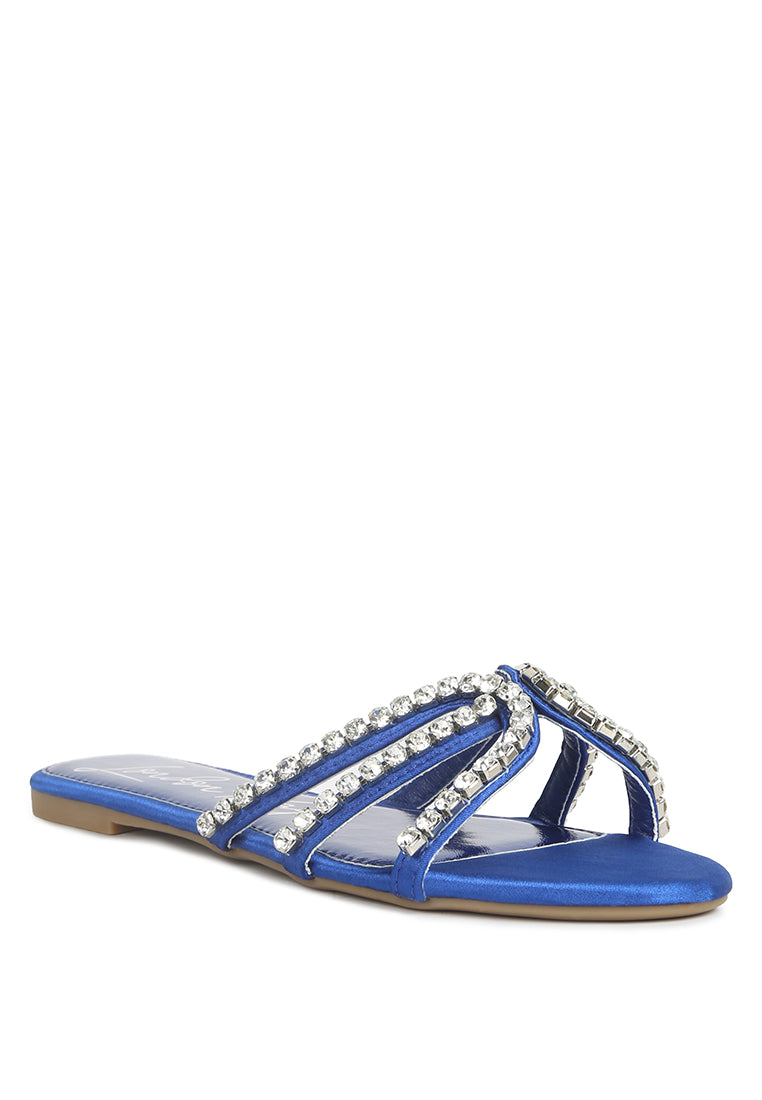 Mezzie Diamante Embellished Flat Sandals featuring satin upper, diamante embellishments, and a comfortable padded insole.