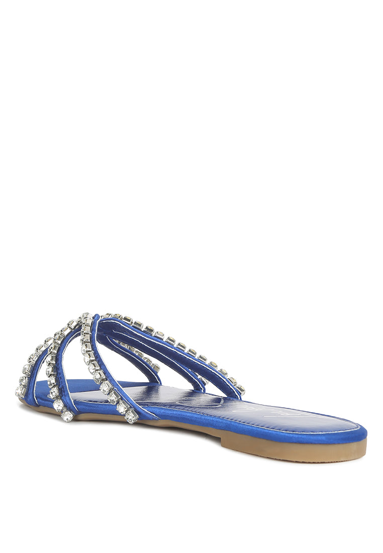 Mezzie Diamante Embellished Flat Sandals featuring satin upper, diamante embellishments, and a comfortable padded insole.