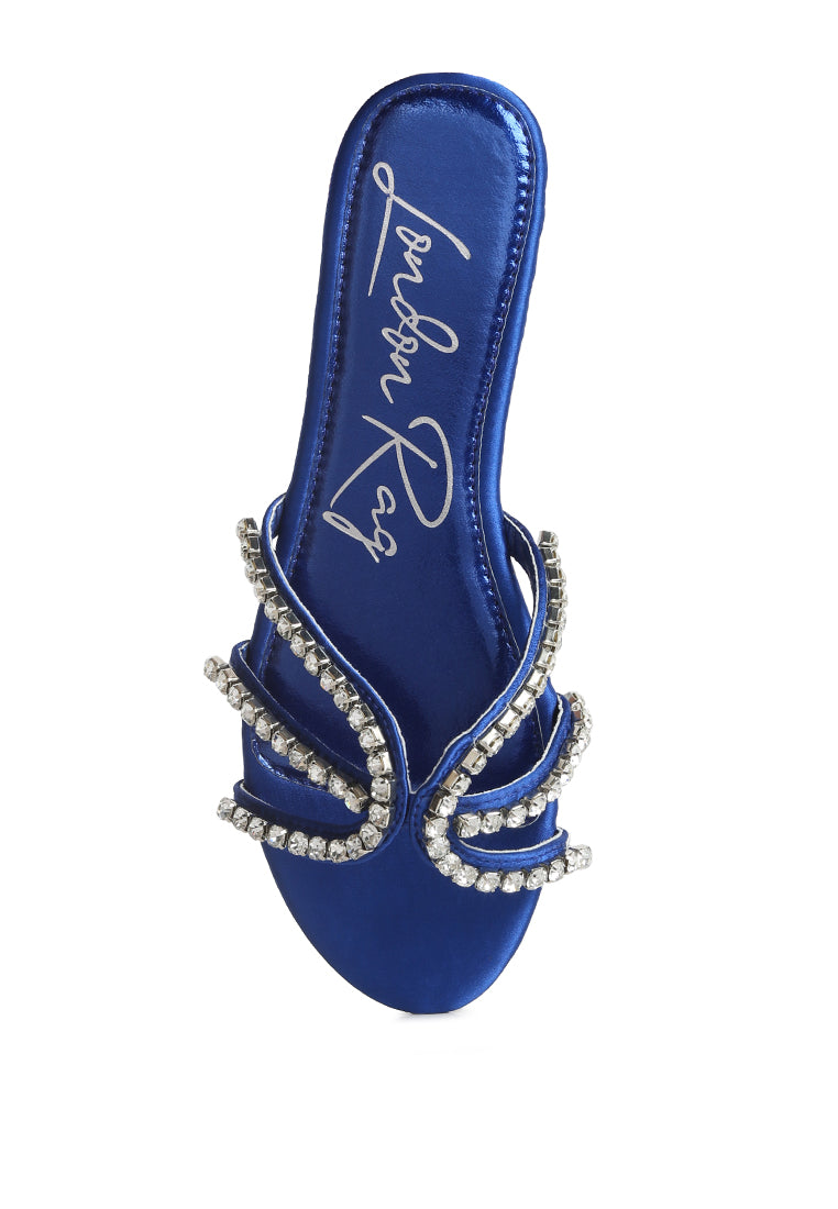 Mezzie Diamante Embellished Flat Sandals featuring satin upper, diamante embellishments, and a comfortable padded insole.