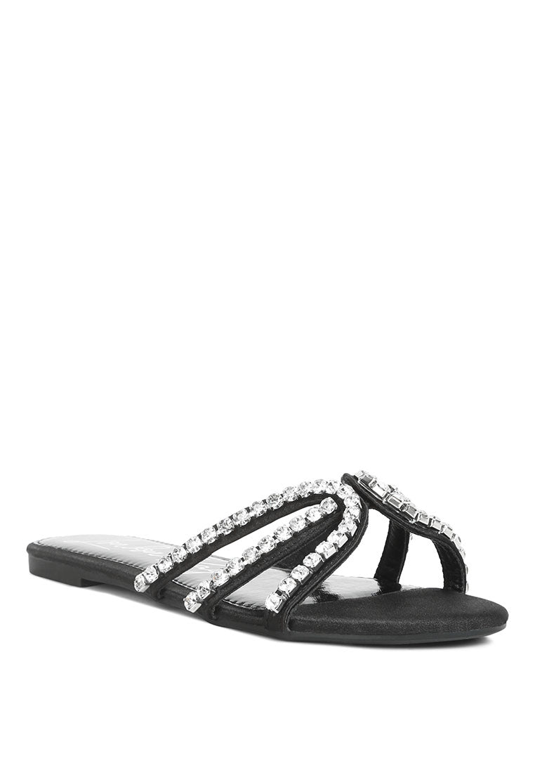 Mezzie Diamante Embellished Flat Sandals featuring satin upper, diamante embellishments, and a comfortable padded insole.