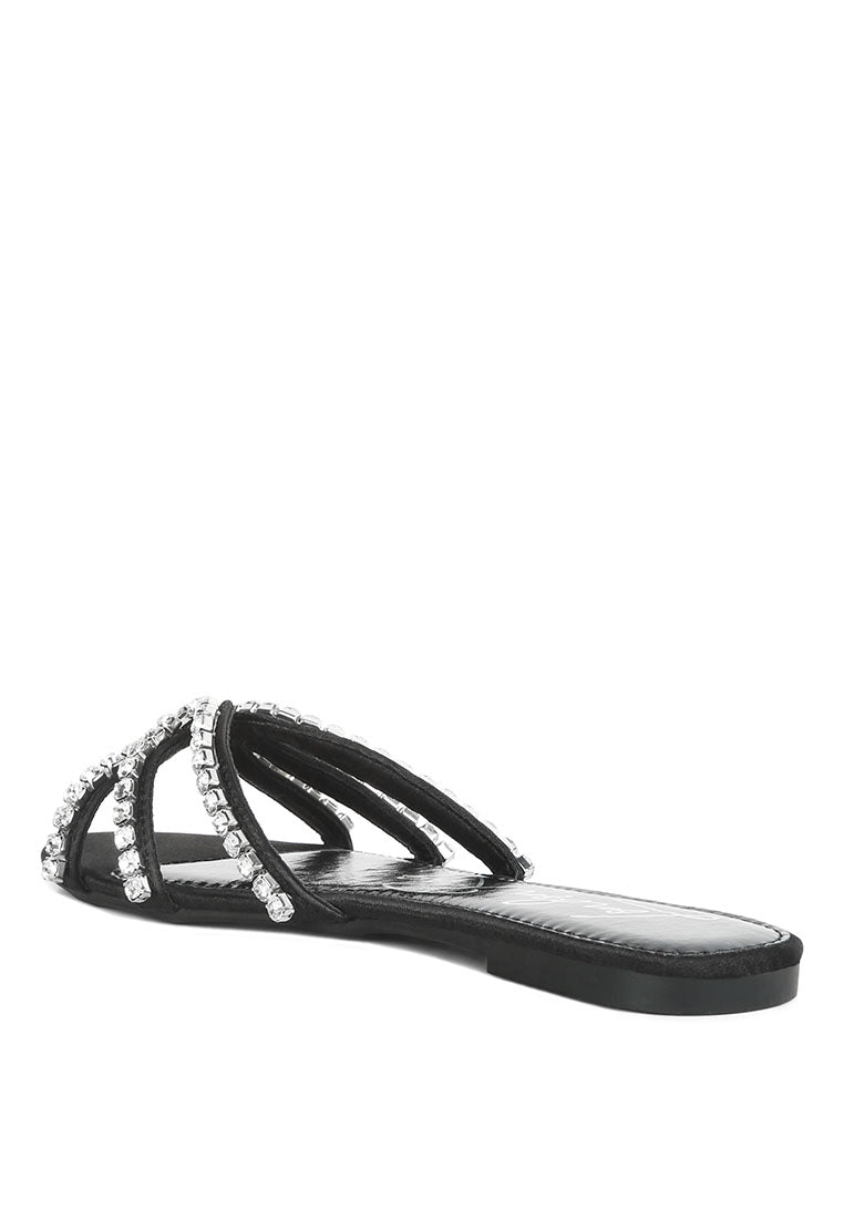 Mezzie Diamante Embellished Flat Sandals featuring satin upper, diamante embellishments, and a comfortable padded insole.