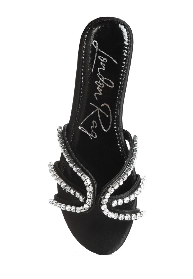 Mezzie Diamante Embellished Flat Sandals featuring satin upper, diamante embellishments, and a comfortable padded insole.