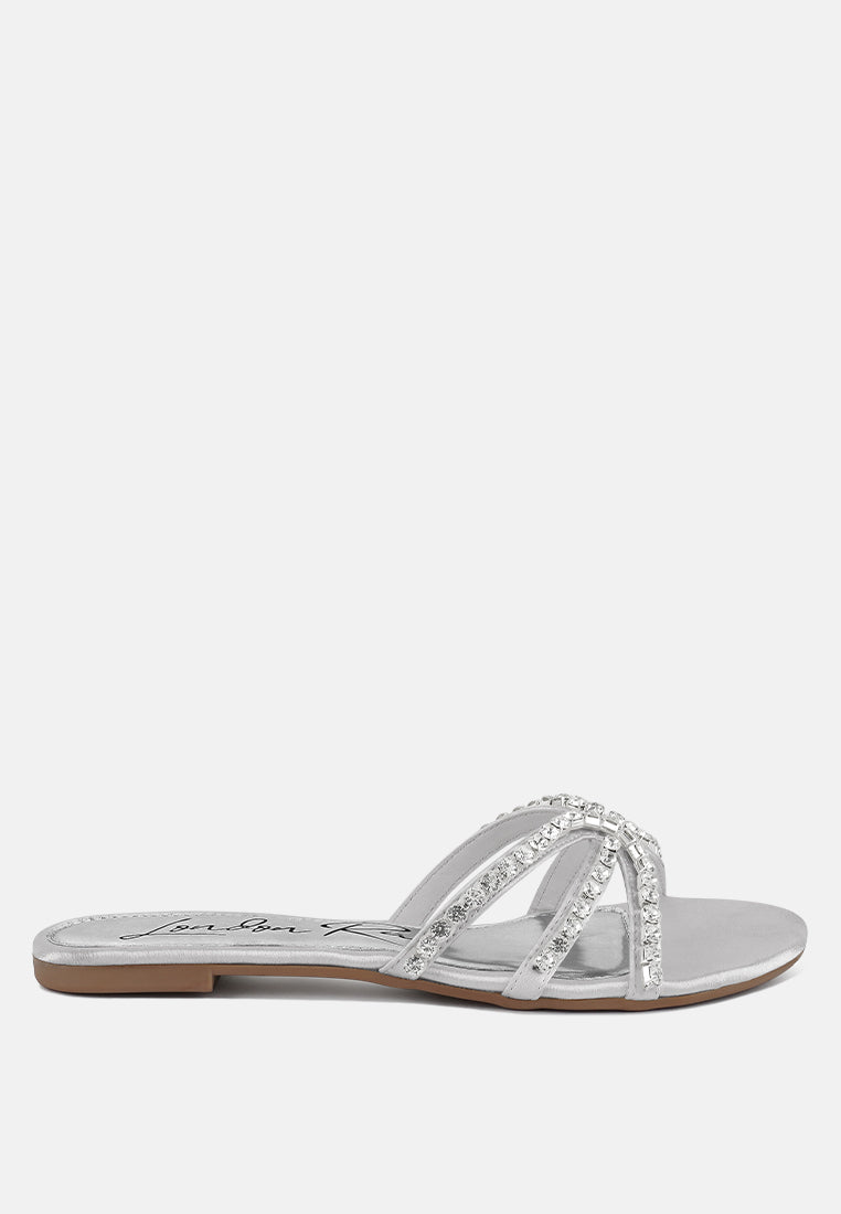 Mezzie Diamante Embellished Flat Sandals featuring satin upper, diamante embellishments, and a comfortable padded insole.