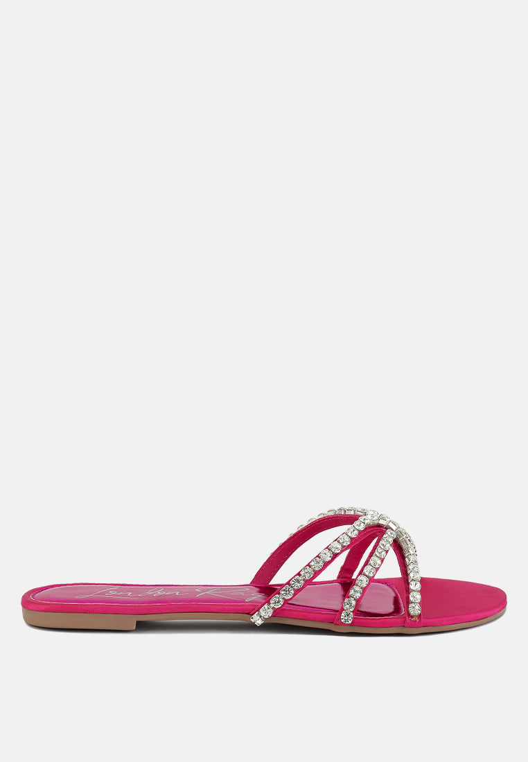 Mezzie Diamante Embellished Flat Sandals featuring satin upper, diamante embellishments, and a comfortable padded insole.