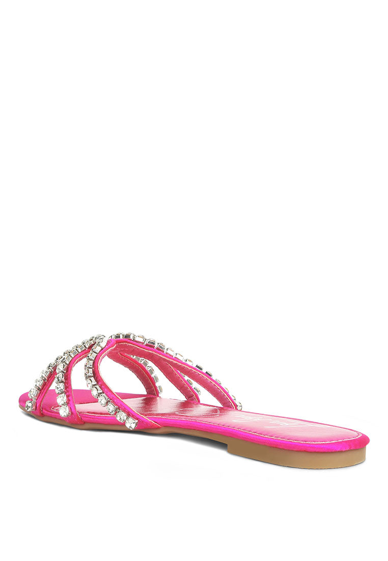 Mezzie Diamante Embellished Flat Sandals featuring satin upper, diamante embellishments, and a comfortable padded insole.