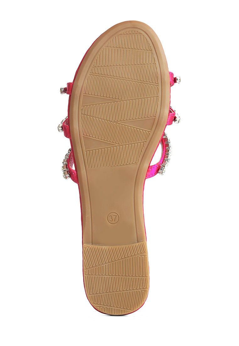 Mezzie Diamante Embellished Flat Sandals featuring satin upper, diamante embellishments, and a comfortable padded insole.