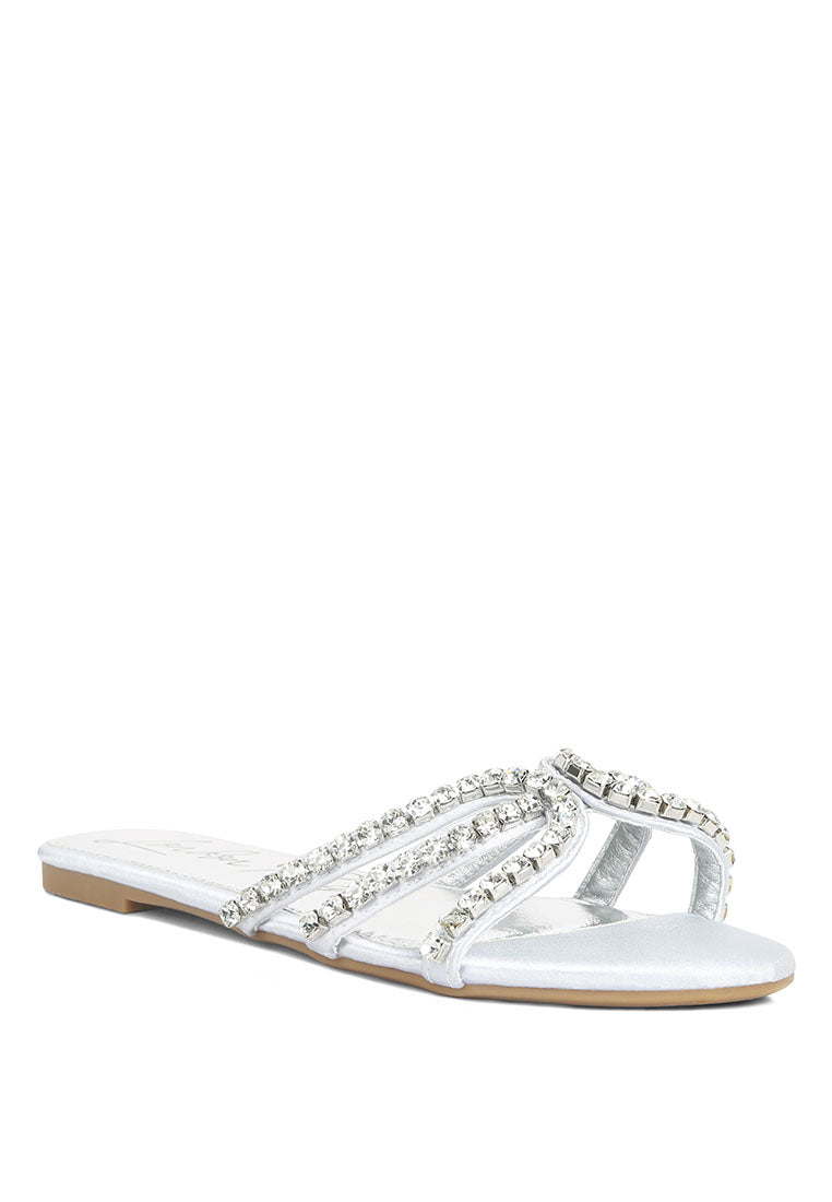 Mezzie Diamante Embellished Flat Sandals featuring satin upper, diamante embellishments, and a comfortable padded insole.