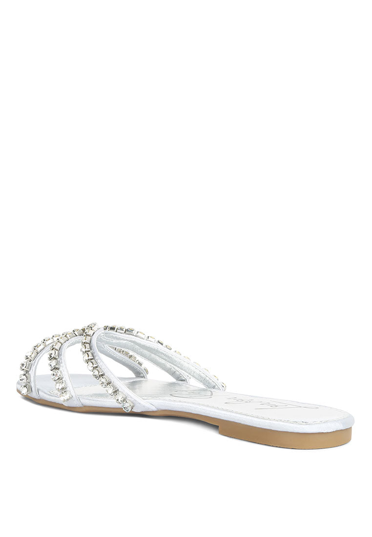 Mezzie Diamante Embellished Flat Sandals featuring satin upper, diamante embellishments, and a comfortable padded insole.