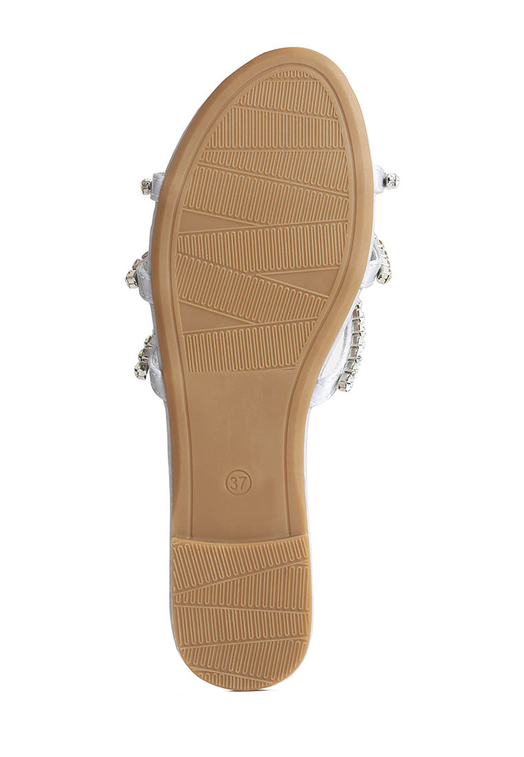 Mezzie Diamante Embellished Flat Sandals featuring satin upper, diamante embellishments, and a comfortable padded insole.