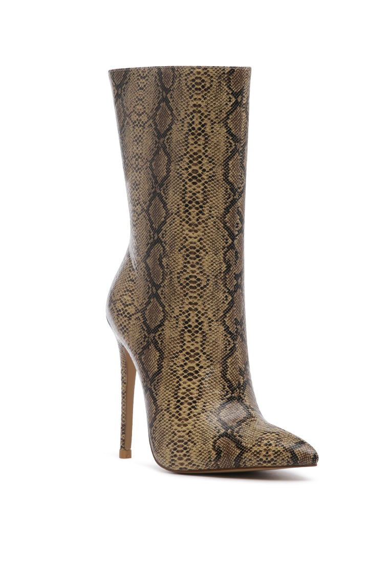 Micah Pointed Toe Stiletto High Ankle Boots featuring a stylish snake print design and elegant pointed toe.