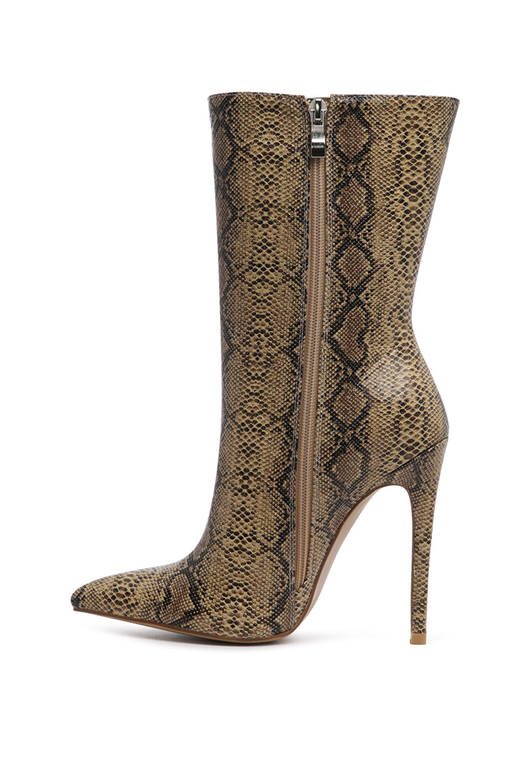 Micah Pointed Toe Stiletto High Ankle Boots featuring a stylish snake print design and elegant pointed toe.