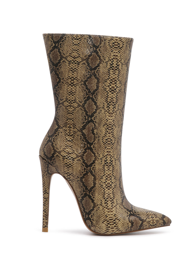 Micah Pointed Toe Stiletto High Ankle Boots featuring a stylish snake print design and elegant pointed toe.