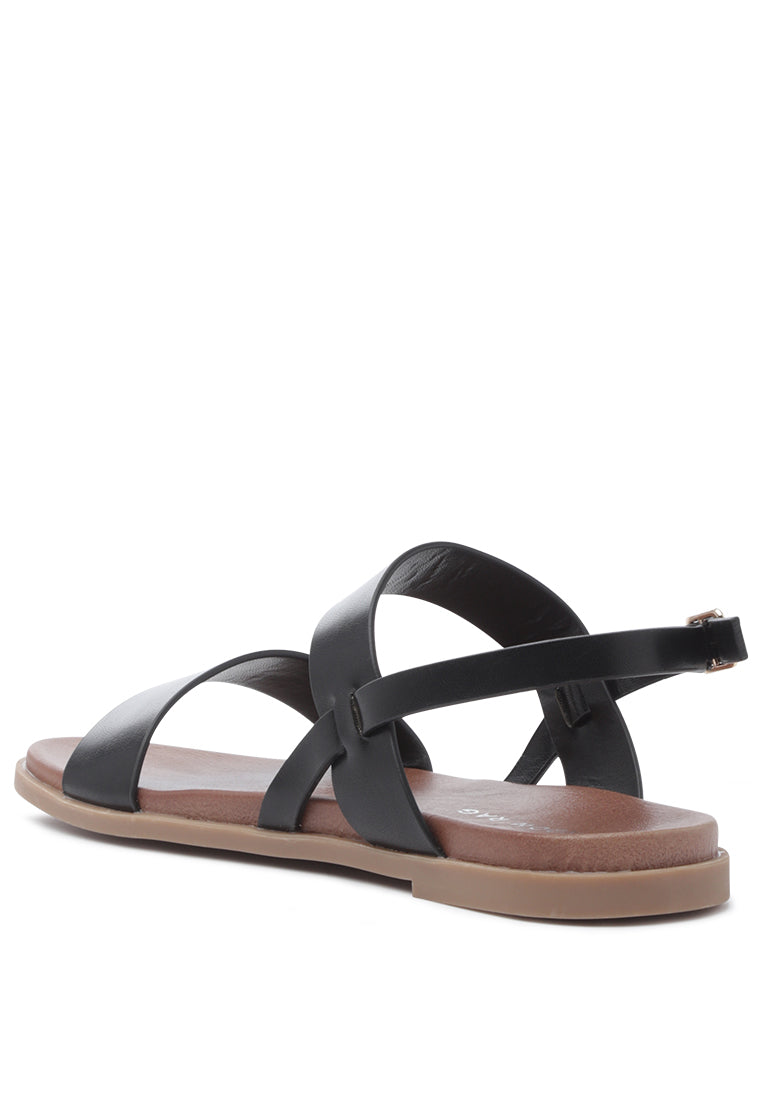 Miya Slingback Flat Sandals in stylish faux leather, perfect for casual outings and beach days.