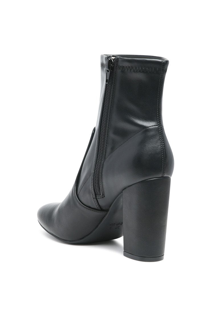 Moonstone Block Heeled Boots in black with pointed toe and side zipper, showcasing a stylish and durable design.