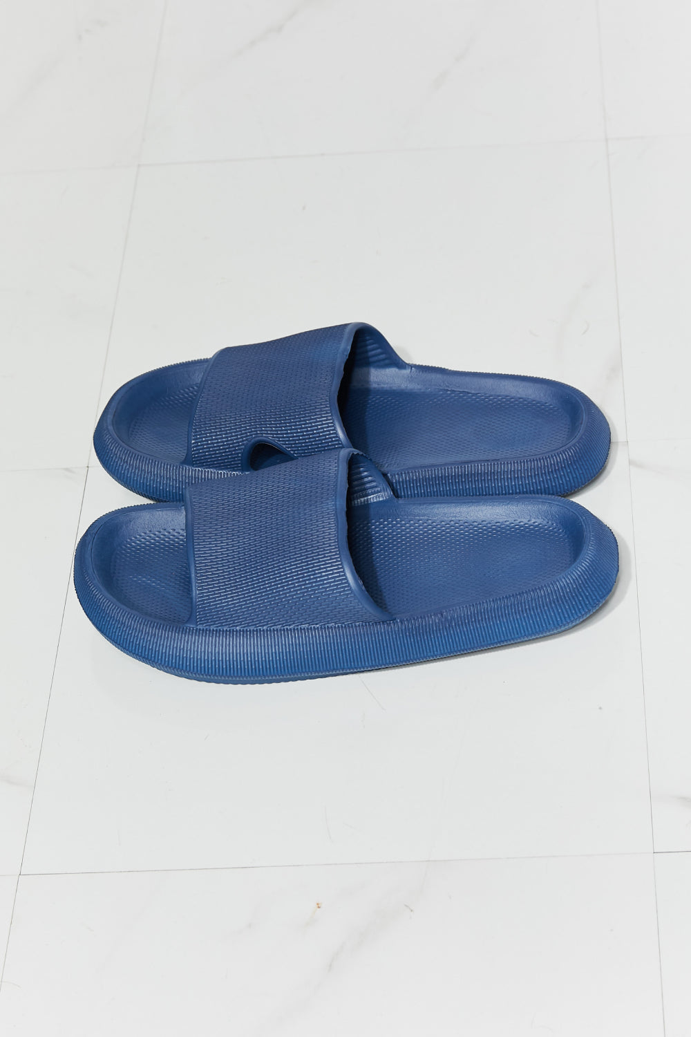 MMShoes Arms Around Me Open Toe Slide in Navy, showcasing a stylish rubber design perfect for casual outings.