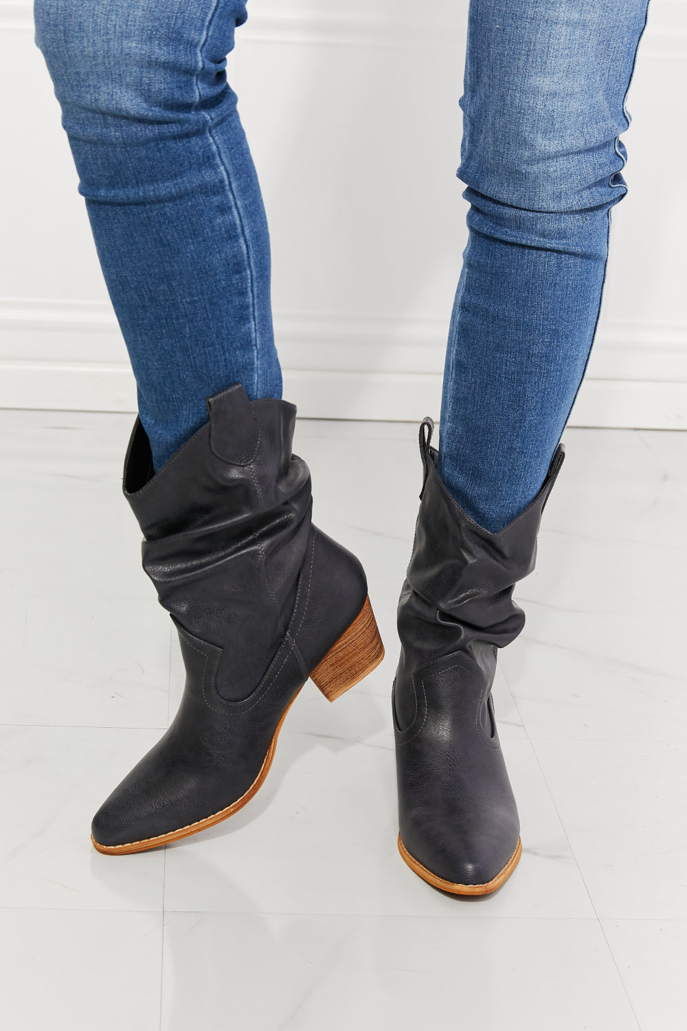 MMShoes Better in Texas Scrunch Cowboy Boots in Navy, featuring a stylish scrunch design and low block heels.