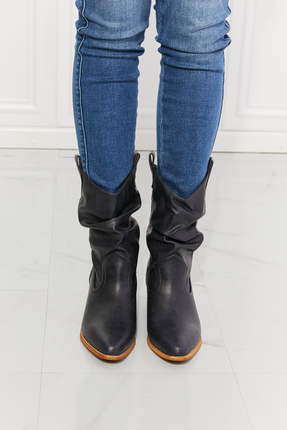 MMShoes Better in Texas Scrunch Cowboy Boots in Navy, featuring a stylish scrunch design and low block heels.