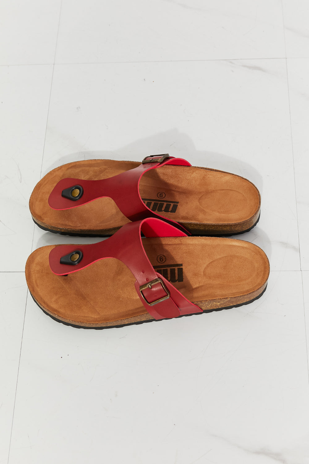 MMShoes Drift Away T-Strap Flip-Flop in Wine, showcasing the stylish T-strap design and secure buckle.