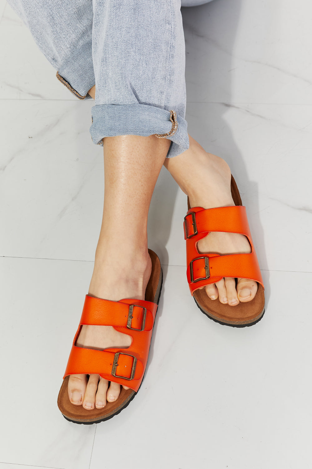 MMShoes Feeling Alive Double Banded Slide Sandals in vibrant orange with adjustable straps and open toe design, perfect for summer wear.