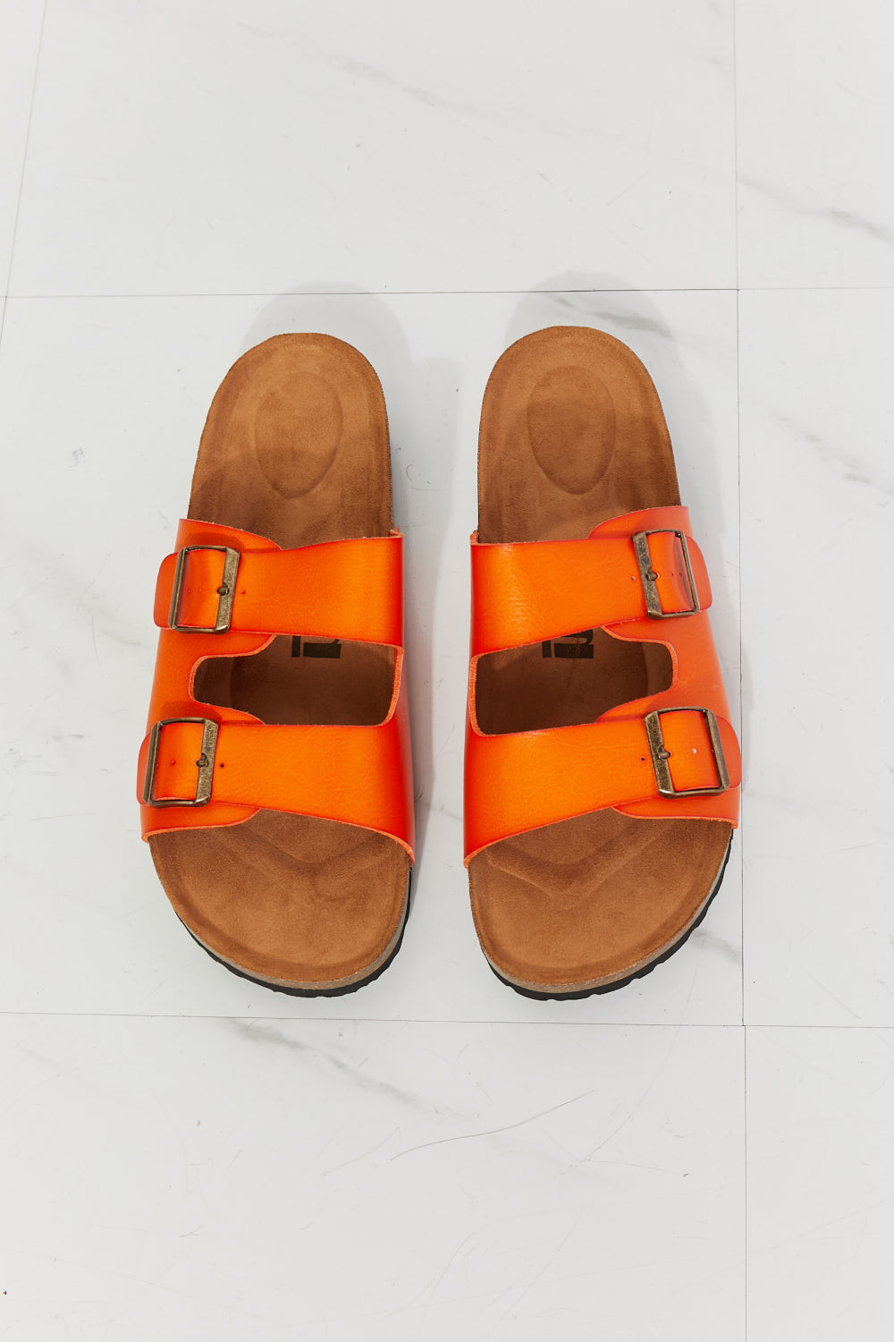 MMShoes Feeling Alive Double Banded Slide Sandals in vibrant orange with adjustable straps and open toe design, perfect for summer wear.