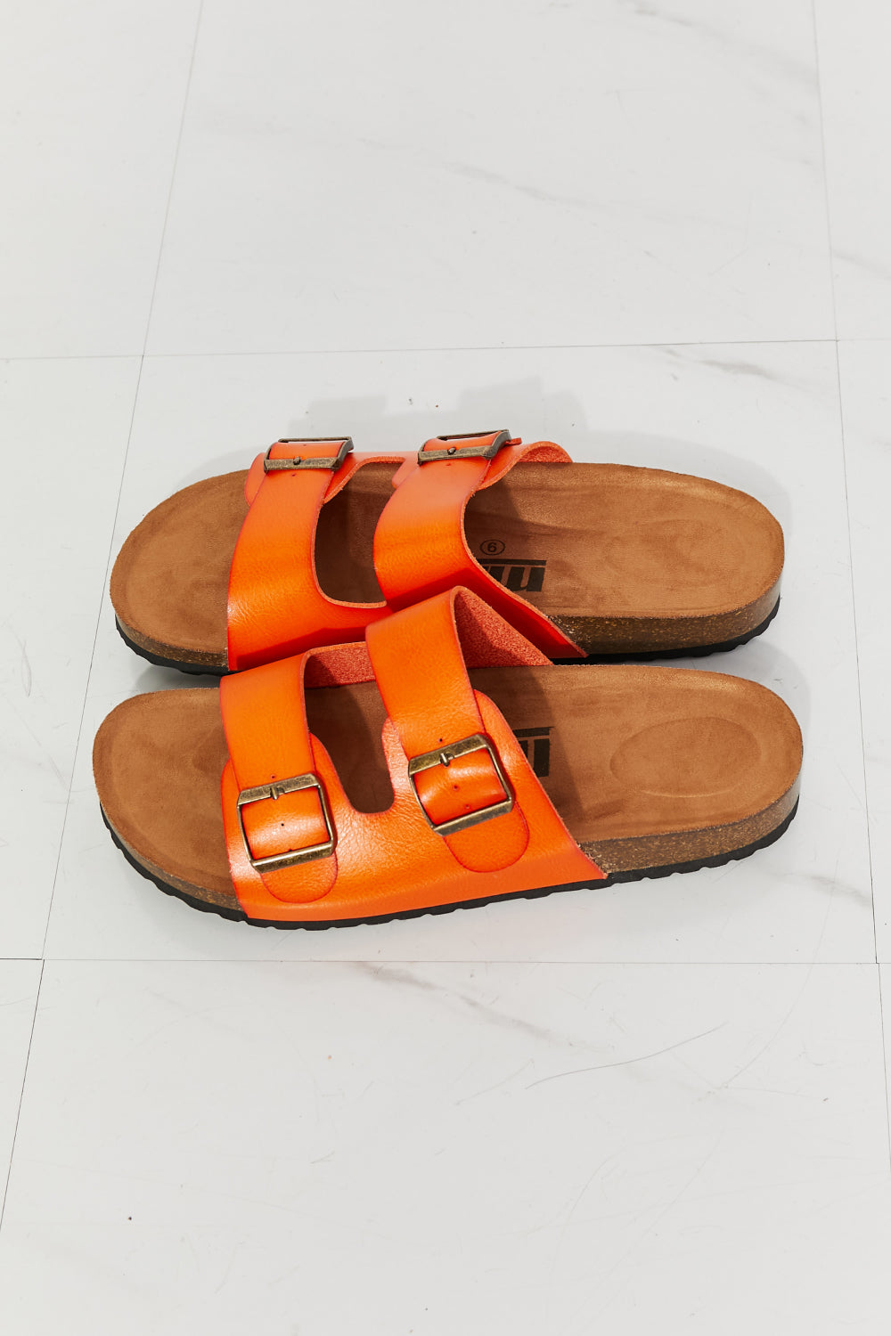 MMShoes Feeling Alive Double Banded Slide Sandals in vibrant orange with adjustable straps and open toe design, perfect for summer wear.