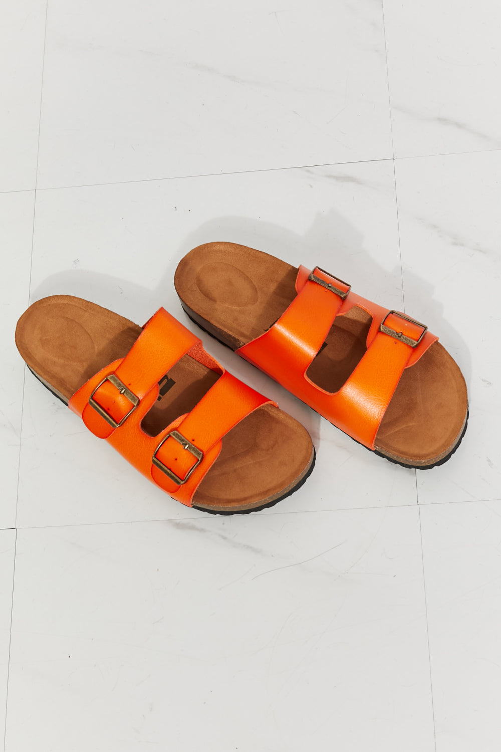 MMShoes Feeling Alive Double Banded Slide Sandals in vibrant orange with adjustable straps and open toe design, perfect for summer wear.