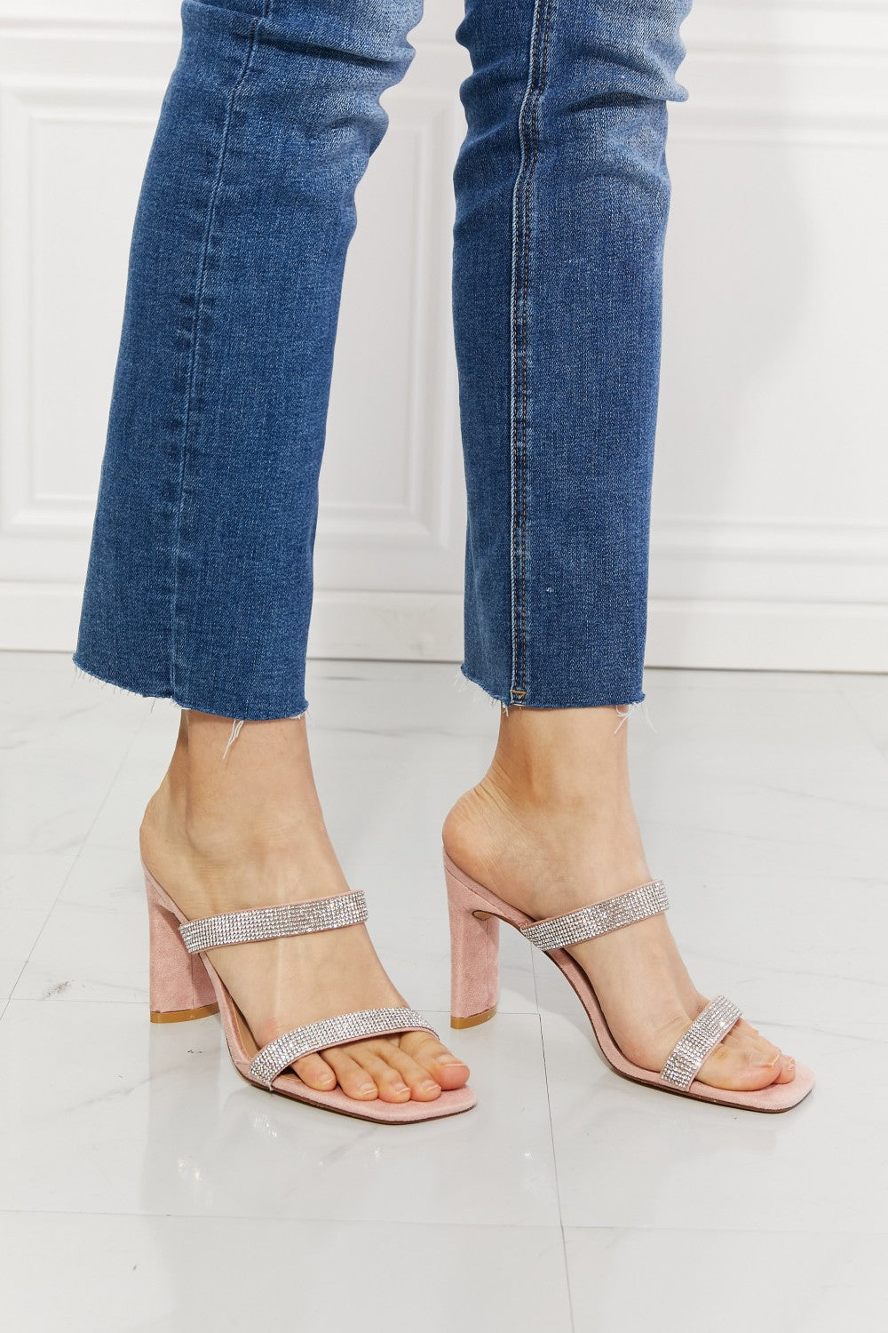 MMShoes Leave A Little Sparkle Rhinestone Block Heel Sandal in Pink, featuring rhinestones and a stylish block heel design.