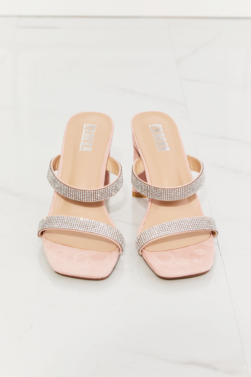 MMShoes Leave A Little Sparkle Rhinestone Block Heel Sandal in Pink, featuring rhinestones and a stylish block heel design.