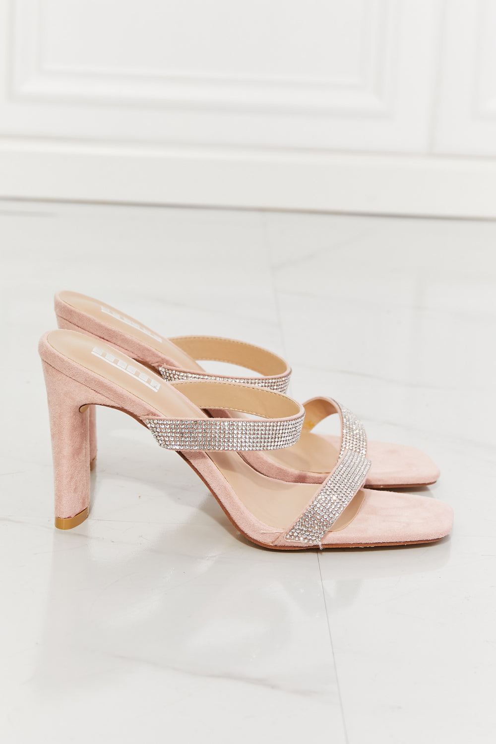 MMShoes Leave A Little Sparkle Rhinestone Block Heel Sandal in Pink, featuring rhinestones and a stylish block heel design.