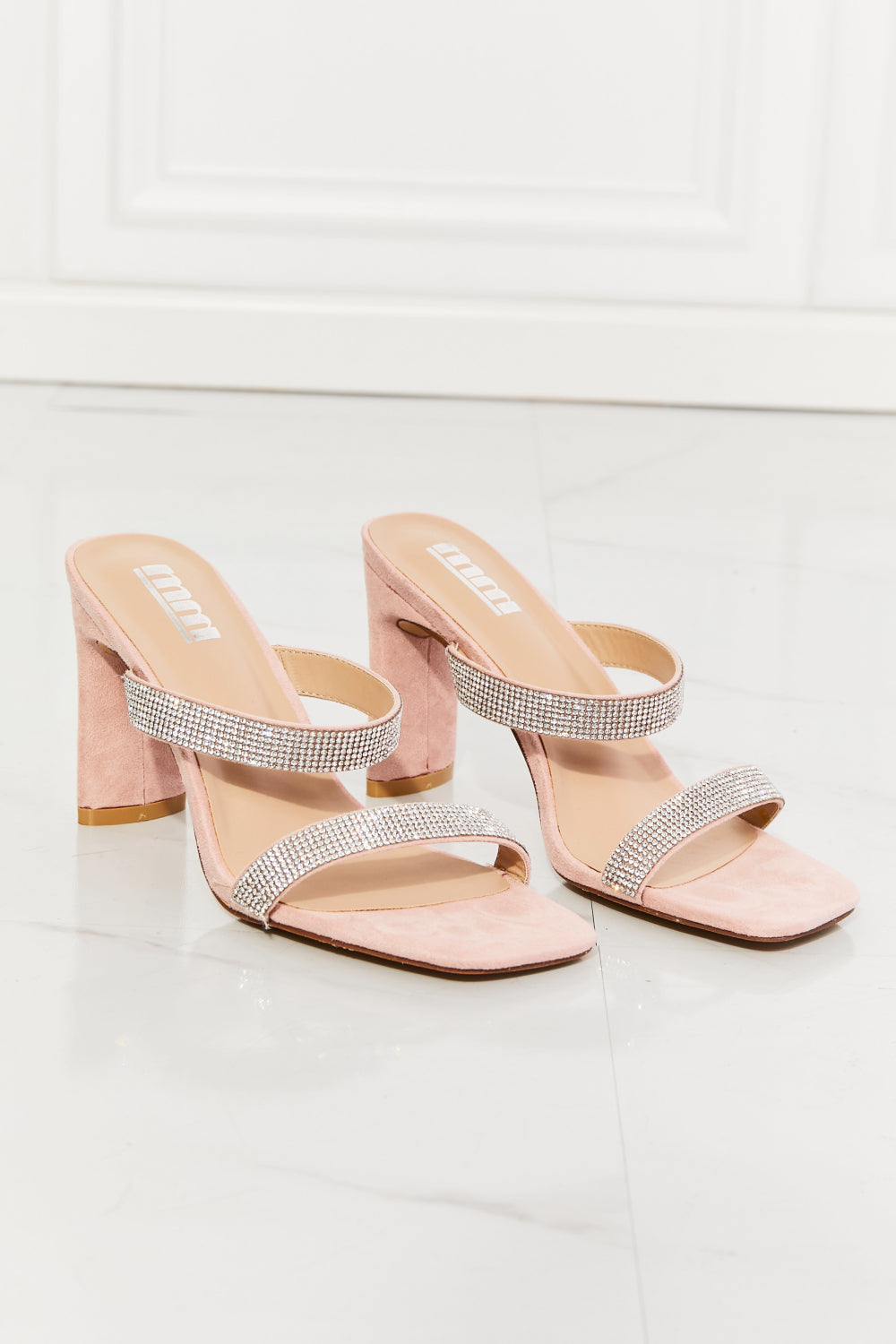 MMShoes Leave A Little Sparkle Rhinestone Block Heel Sandal in Pink, featuring rhinestones and a stylish block heel design.