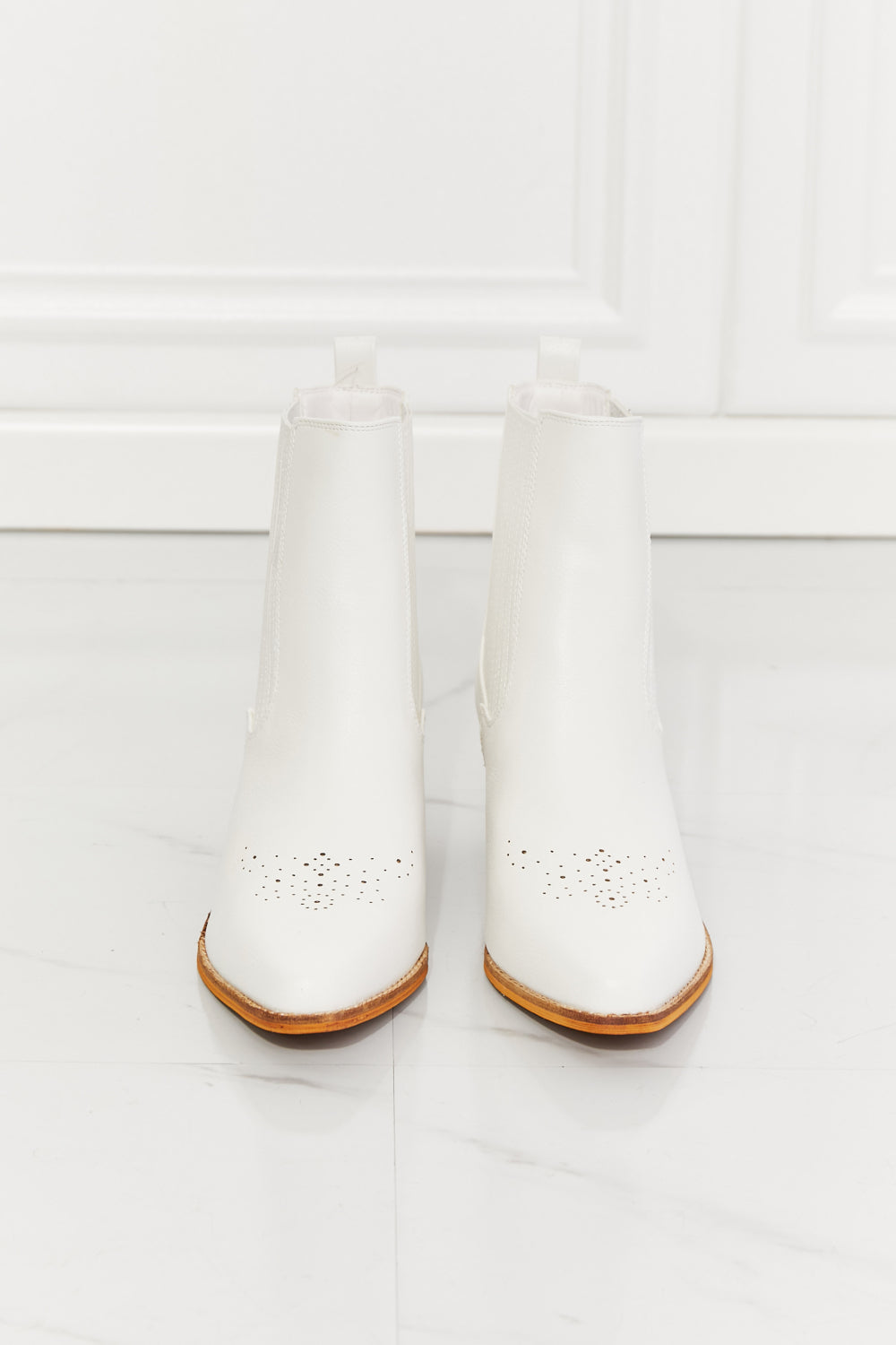 MMShoes Love the Journey Stacked Heel Chelsea Boot in White, featuring a high-top design, pointed toe, and stylish stacked heel.