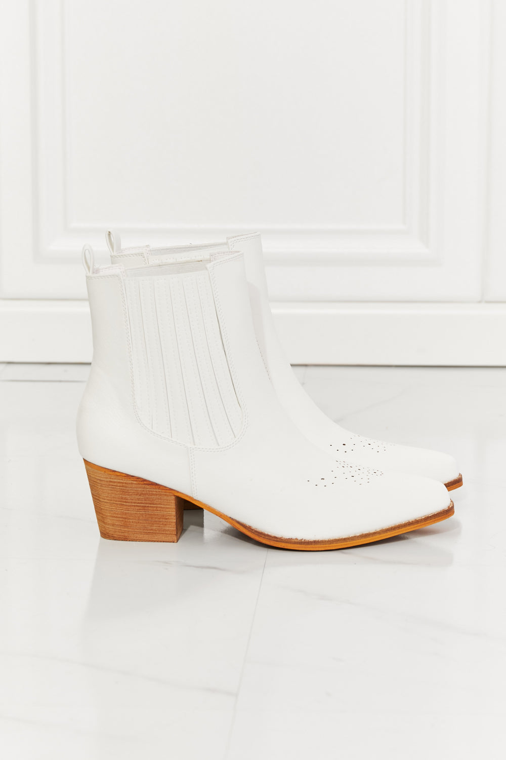 MMShoes Love the Journey Stacked Heel Chelsea Boot in White, featuring a high-top design, pointed toe, and stylish stacked heel.