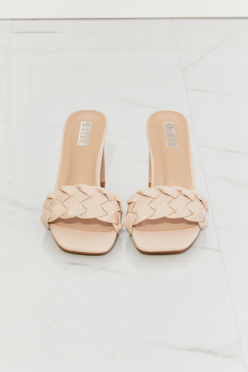 MMShoes Top of the World Braided Block Heel Sandals in Beige showcasing a stylish braided toe-band and a sturdy block heel.