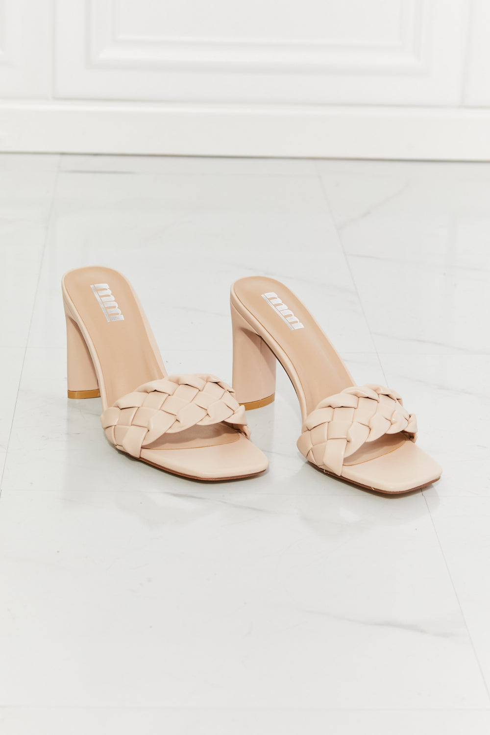 MMShoes Top of the World Braided Block Heel Sandals in Beige showcasing a stylish braided toe-band and a sturdy block heel.