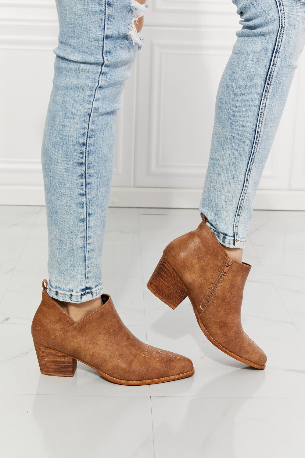 MMShoes Trust Yourself Embroidered Crossover Cowboy Bootie in Caramel, featuring a stylish crossover design and a 2.5-inch stacked heel.