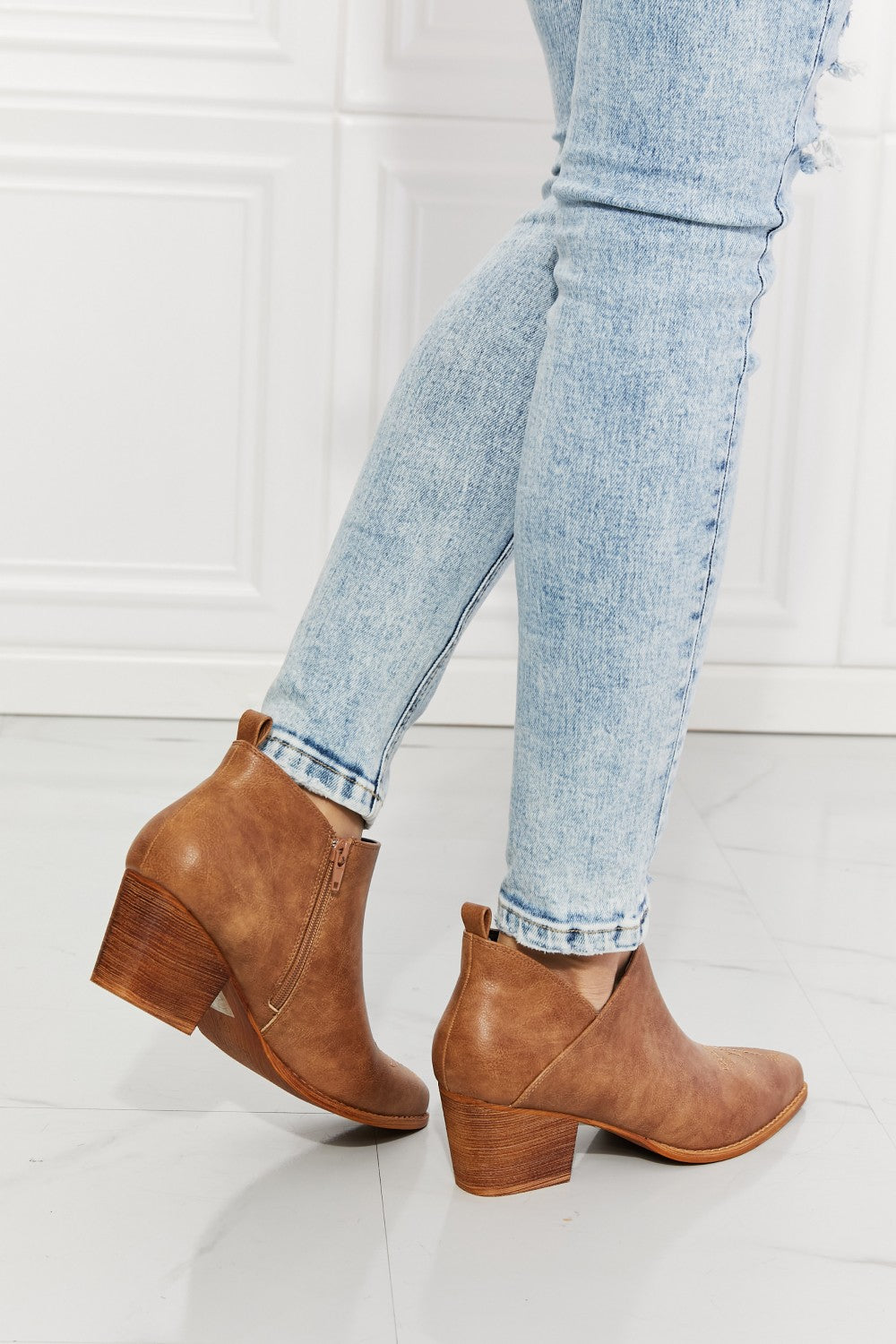 MMShoes Trust Yourself Embroidered Crossover Cowboy Bootie in Caramel, featuring a stylish crossover design and a 2.5-inch stacked heel.