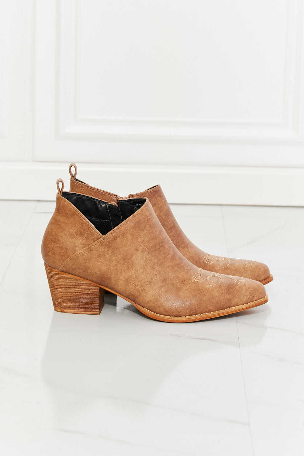 MMShoes Trust Yourself Embroidered Crossover Cowboy Bootie in Caramel, featuring a stylish crossover design and a 2.5-inch stacked heel.