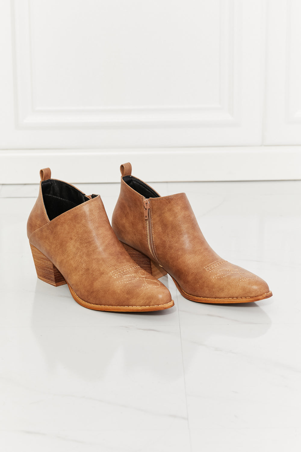 MMShoes Trust Yourself Embroidered Crossover Cowboy Bootie in Caramel, featuring a stylish crossover design and a 2.5-inch stacked heel.