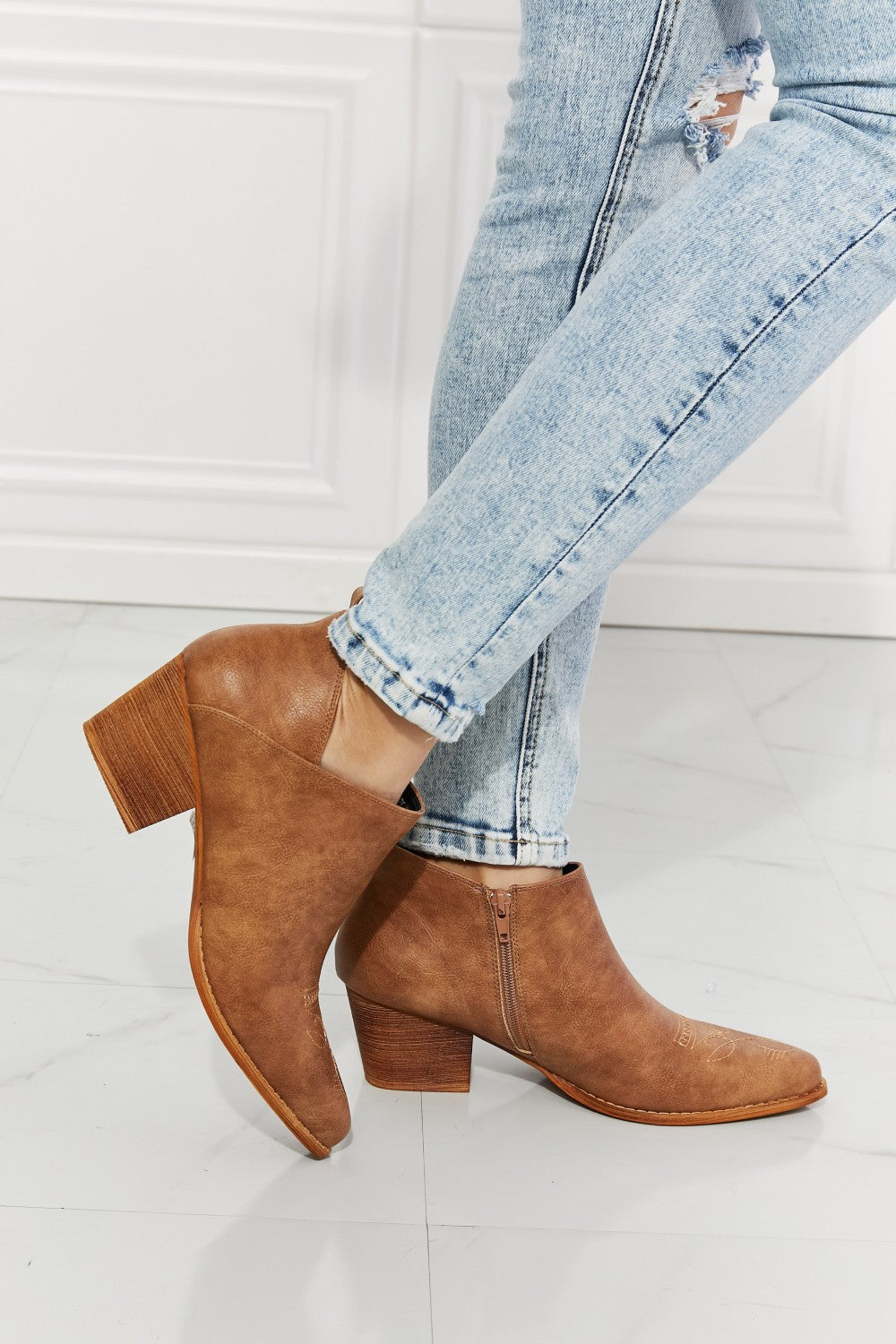 MMShoes Trust Yourself Embroidered Crossover Cowboy Bootie in Caramel, featuring a stylish crossover design and a 2.5-inch stacked heel.