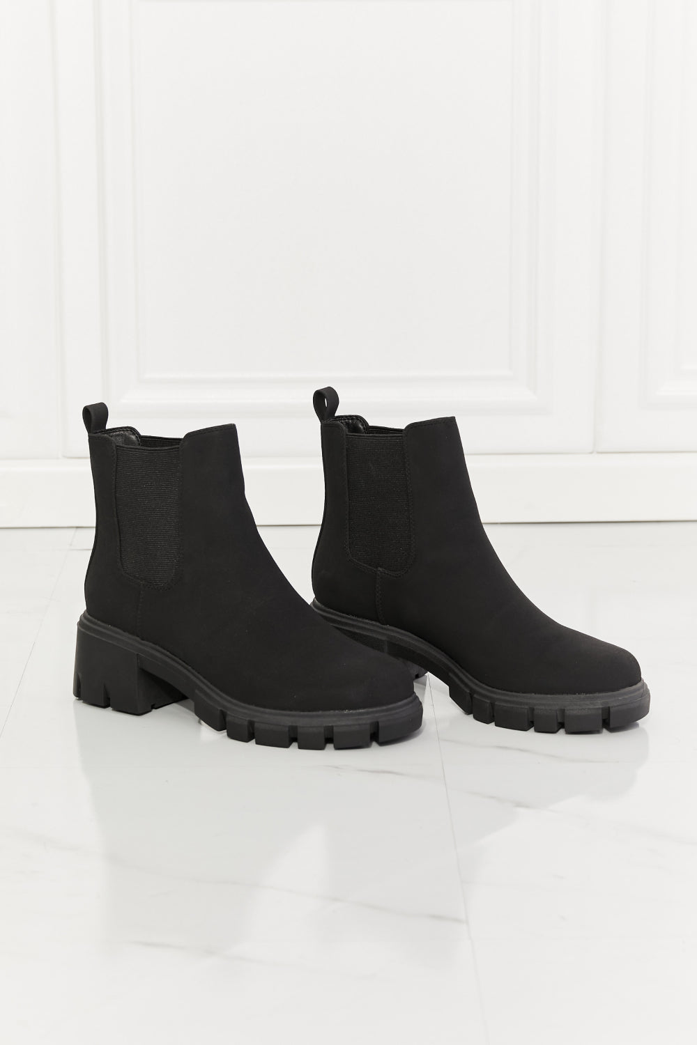 MMShoes Work For It Matte Lug Sole Chelsea Boots in Black, featuring a stylish matte finish and durable lug sole design.